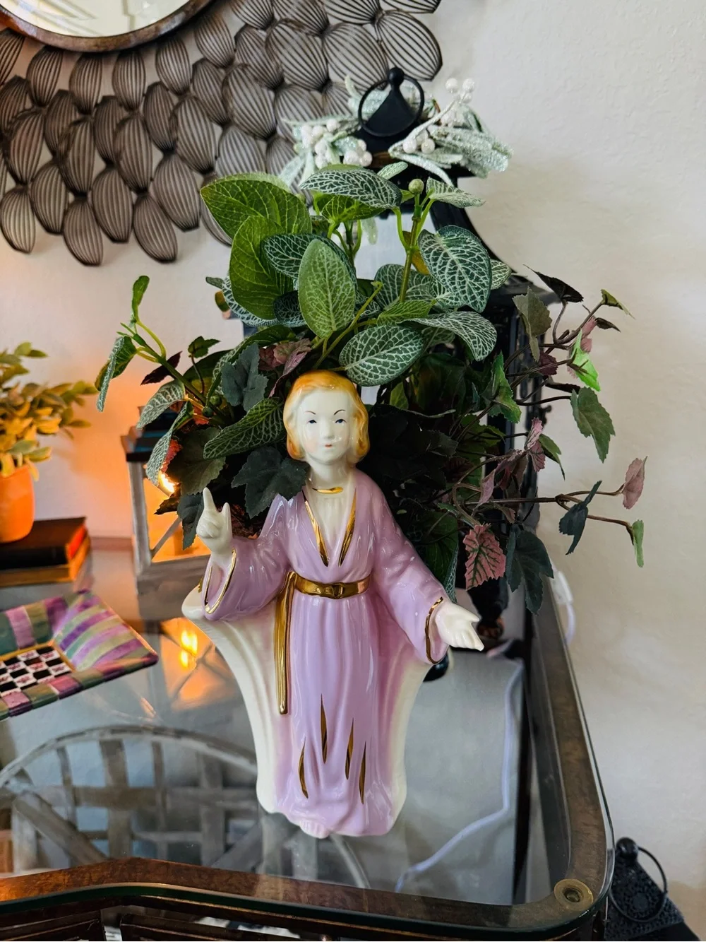 ❤️sold1950s Lady Head Vase Planter – Pink & Lilac Ceramic with Gold Accents - Picture 4 of 14